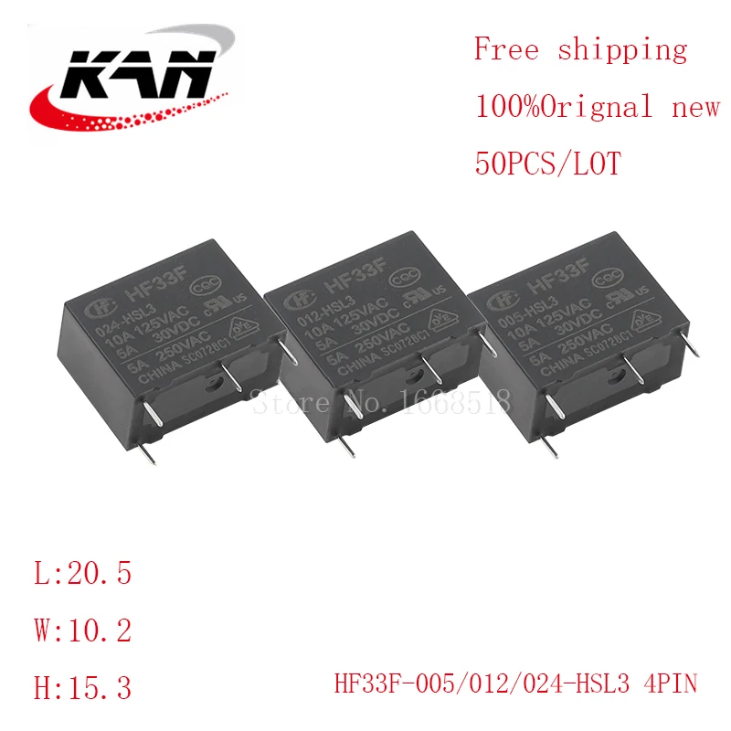 Free shipping 50pcs relay HF33F-005-HSL3 HF33F-012-HSL3 HF33F-024-HSL3 5VDC 12VDC 24VDC 5A 250VAC 4PIN Original New