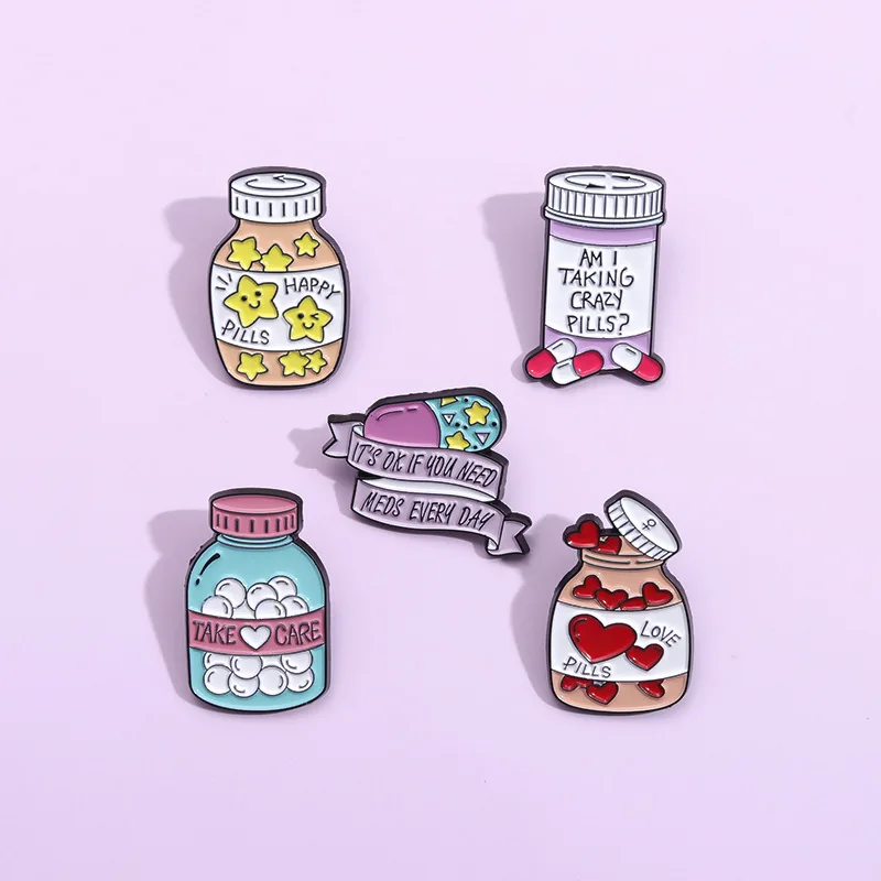 Love Pills Enamel Pins Five Point Star Medicine Bottle Capsule Alloy Brooch Pharmacy Badge Trendy Lapel Jewelry Gift for Friends