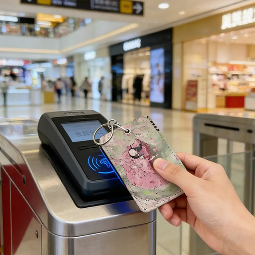 Anime Cosmic The Tale of The Princess Kaguya 1Pc PU Leather Card Holder Keychain Key Ring Door Lock Access Tags ID Card Case