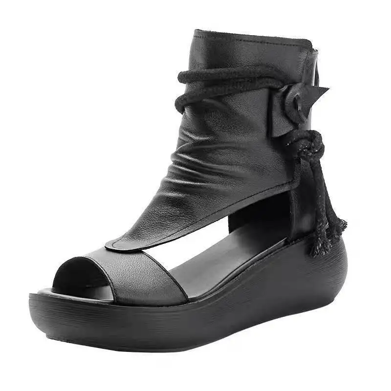 Shoes for Women Ladies Vintage Pu Leather Boots Fashion Women Sandals Summer Mid Heels Wedges Shoes Sandalias Mujer Sneakers