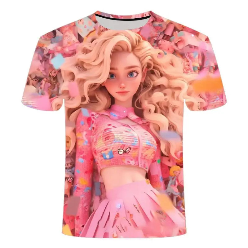 

MINISO Barbie The Movie Peripheral 3D Printed Kawaii Short-sleeved T-shirts for Boys and Girls Cool Tops Couple Summer Clothes