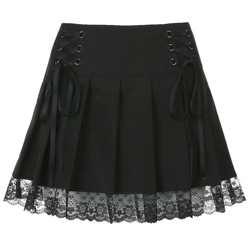 Skirt Lace Up Mesh Lace Trim Stitching Women Pleated Skirt Goth Y2K Aesthetic Lace Up High Waist Retro Streetwear Short Skirt