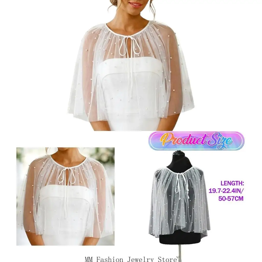 Sheer Bridal Shawl Capelet with Pearls Beaded Decor for Wedding Ceremony Styling D0UB