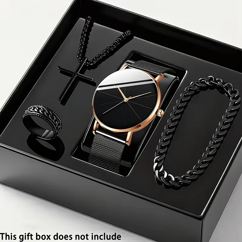 4pc Men's Gift Set, New Handsome and Fashionable Avant garde Quartz Watch+Jewelry Set, Ideal Gift for Friends and Family