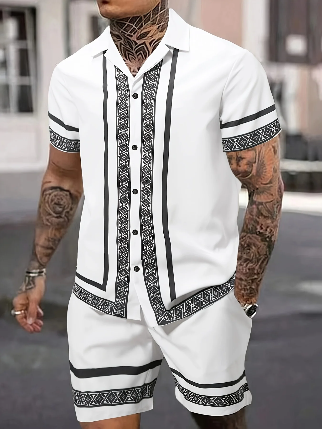 Summer 3D Striped Retro-Print Men's Set Casual Men's Short-Sleeve Shirt Outdoor Vacation Beach Shorts Stylish Beachwear Set