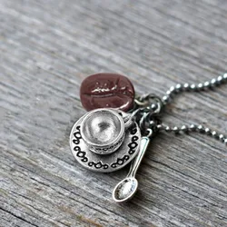 COFFEE BEAN NECKLACE, with Cup, Spoon, and Bean, Coffee Jewelry Gift for Coffee Lovers