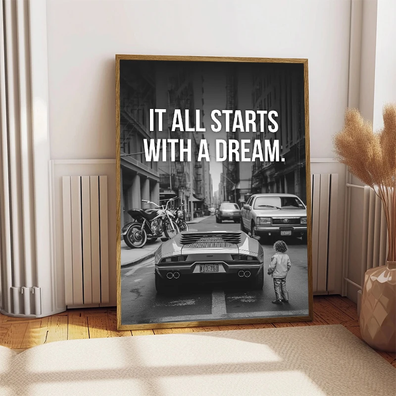 Supercar It All Starts with A Dream Motivational Quotes Poster Canvas Painting Print Wall Pictures Home Office Decor Cuadros