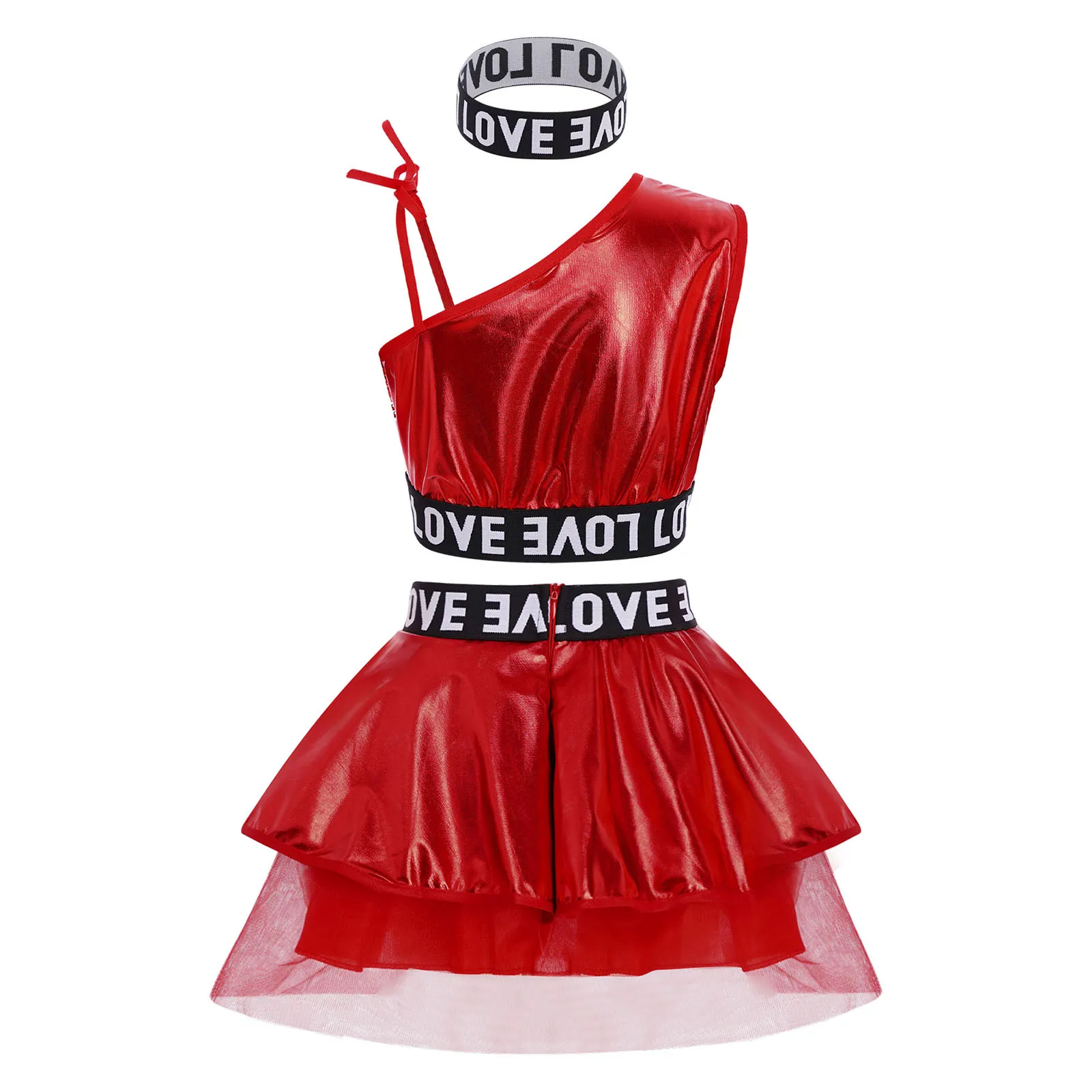 أطفال بنات الهيب هوب ملابس رقص الجاز أطقم ملابس الرقص الحديثة كتف واحد بلا أكمام الترتر سترة مع لامعة توتو تنورة هيرباند