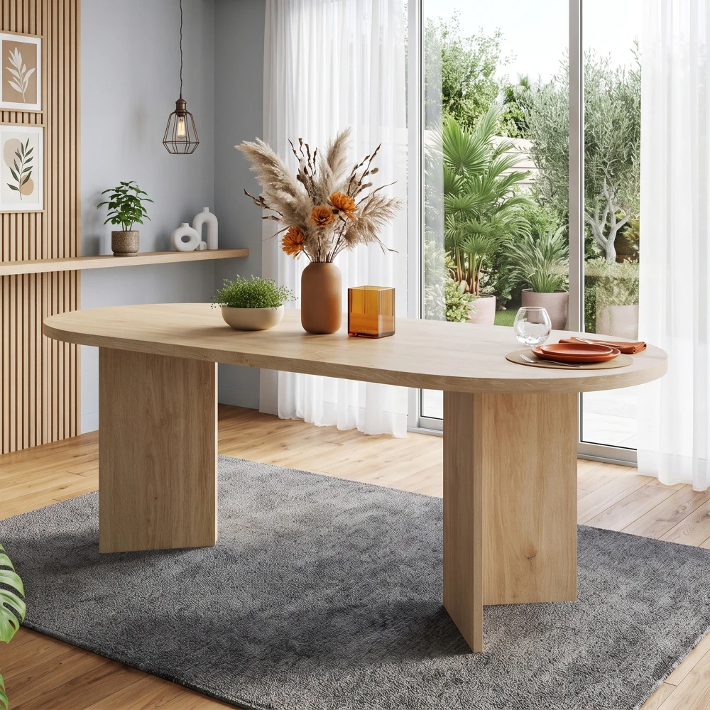 Rechteckiger Esstisch, 160 x 80 cm, für 6 bis 8 Personen, abgerundete Ecken, verdickte Tischplatte, einfacher Stil, Eichenfarbe, Esstisch, Haushalt, Küche, Esszimmer, Innenmöbel