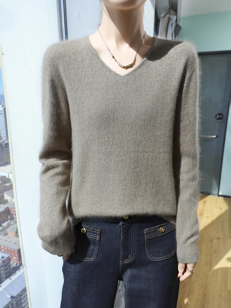 Mini Star Women\'s V-Neck 100% Mink Cashmere Pullovers Sweater Long Sleeve Knitwear Solid Basic Casual Autumn Winter Clothes Tops