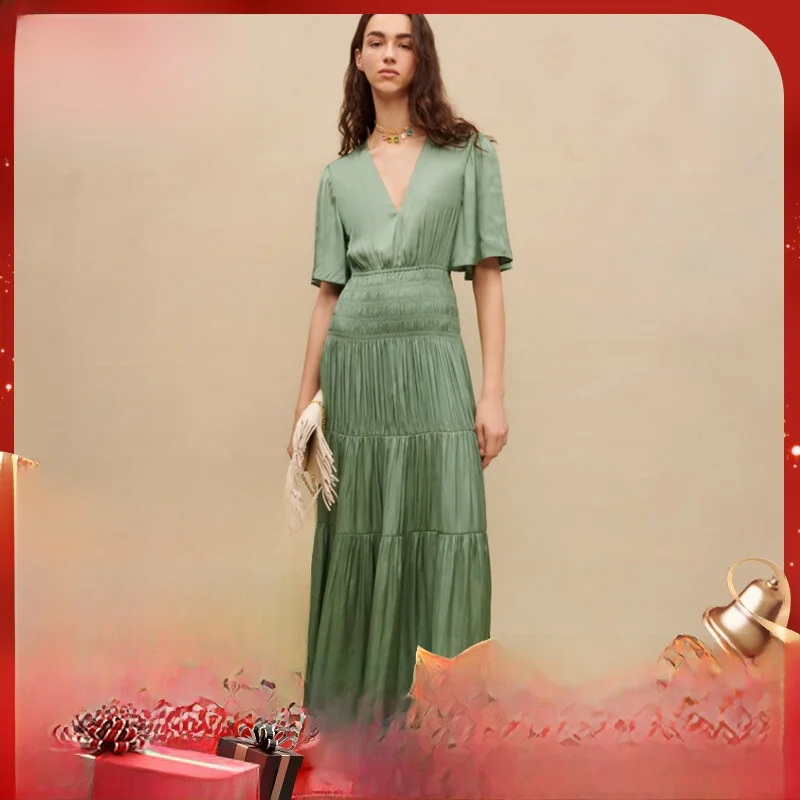 

M Home Spring Summer New Women's High Waist Split Gown with Flared Sves Ele OL Sle V Ne a Line Long Dr