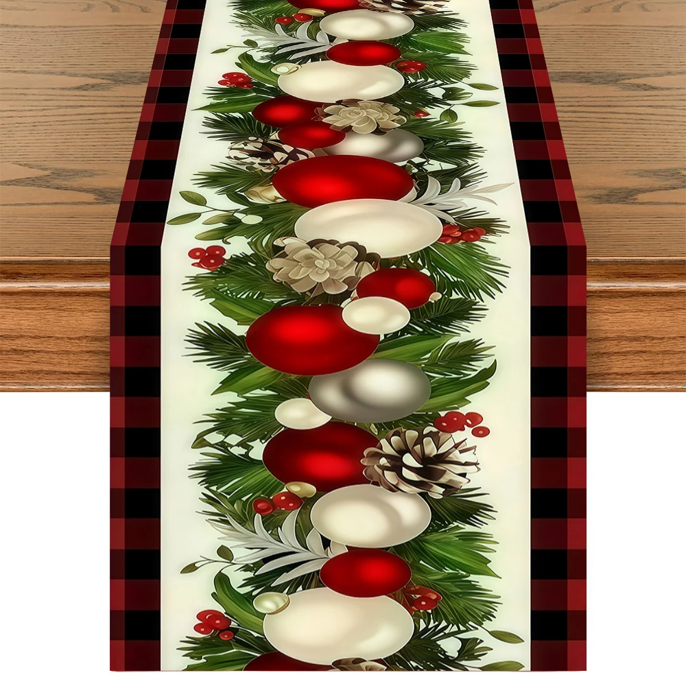 Christmas Table Runner - クリスマス テーブルランナー 赤黒バッファローチェック柄 クリスマスボール 松ぼっくり ベリー