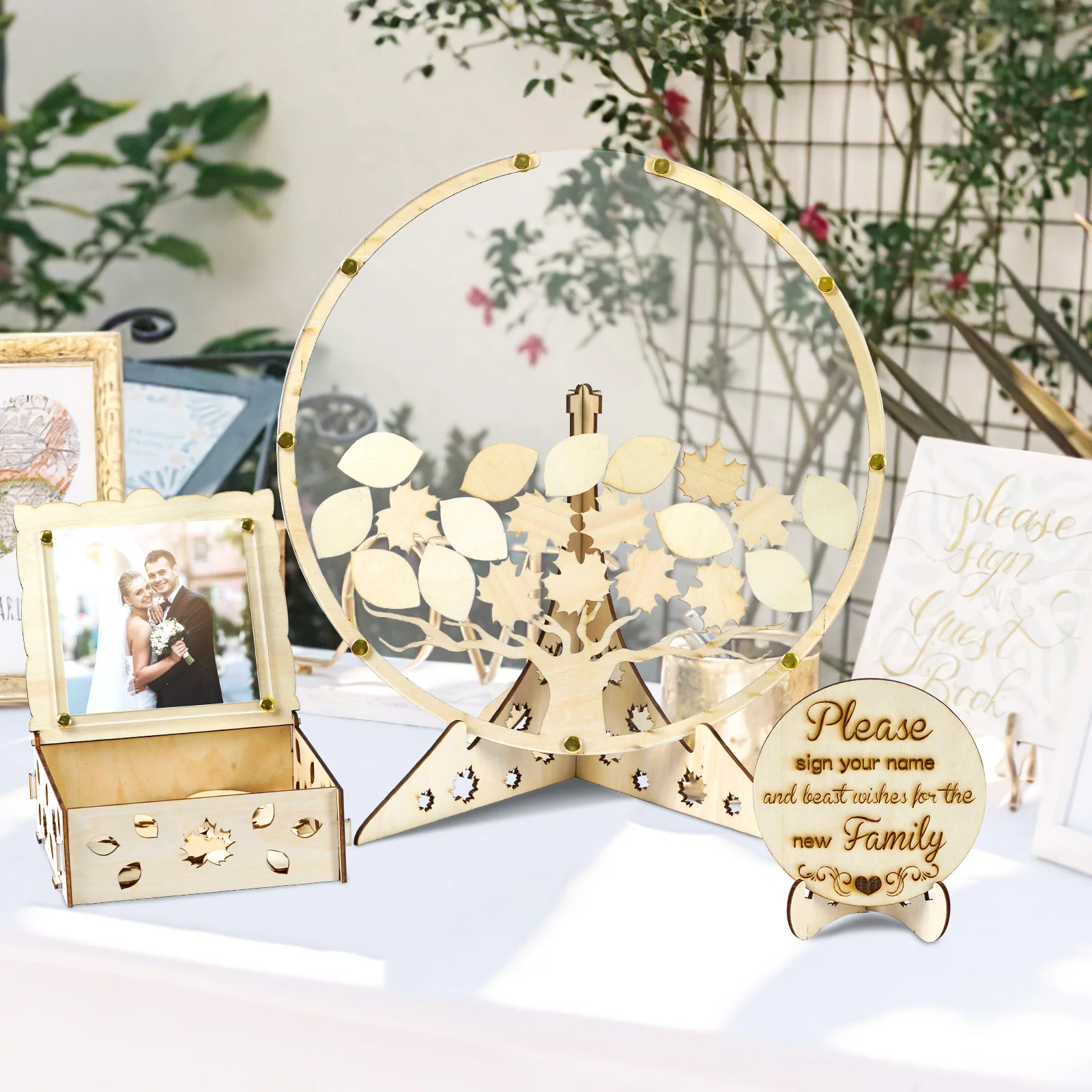 Wooden Wedding Guest Book Alternatives Guest Book Round with 30 Maple and Elliptic leaf slices Double Bracket for Wedding Decor