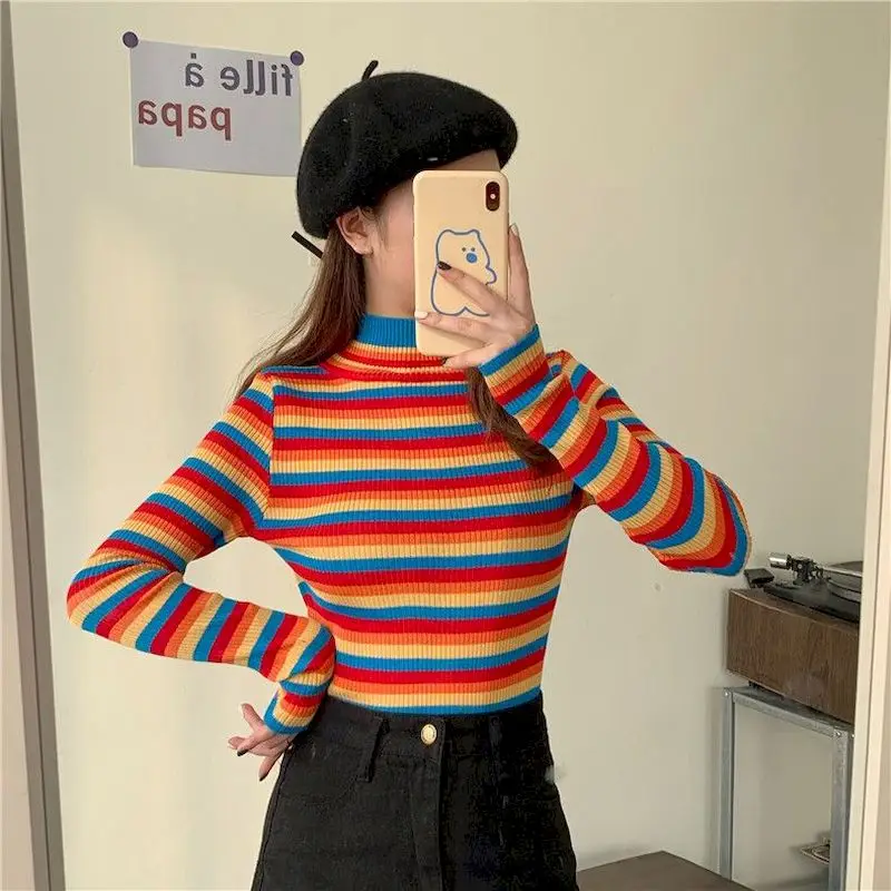 2024 Autumn And Winter New Style Sweater Korean Loose Rainbow Long Sleeve Student Striped Cropped Pull Over Sweater Women