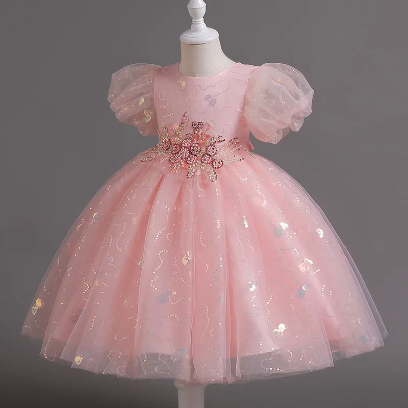 Vestido curto infantil de manga princesa, menina pompom, casamento, aniversário, piano, passarela, mostrar