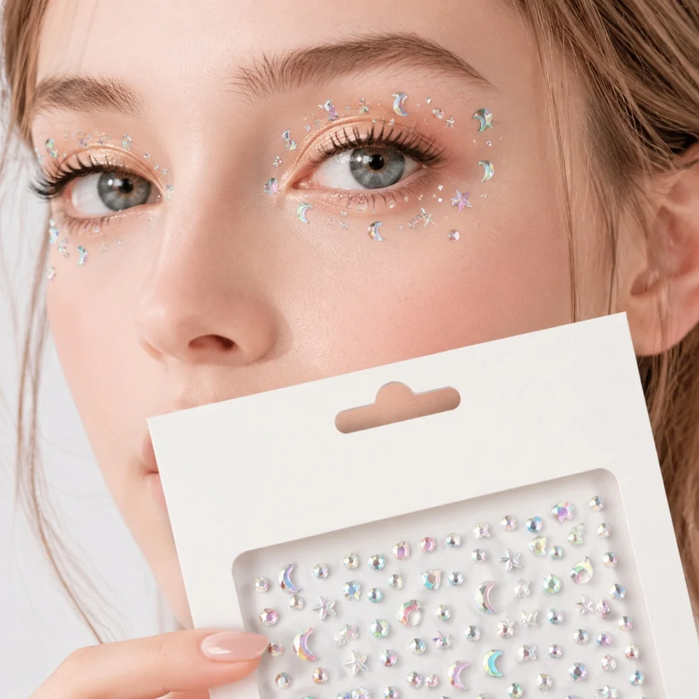 1Pc Mixed Pattern Face Gem Sticker Moon Star Heart Crystal Rhinestone Self‑Adhesive Decal For Rave Cosplay Body Eye Decoration