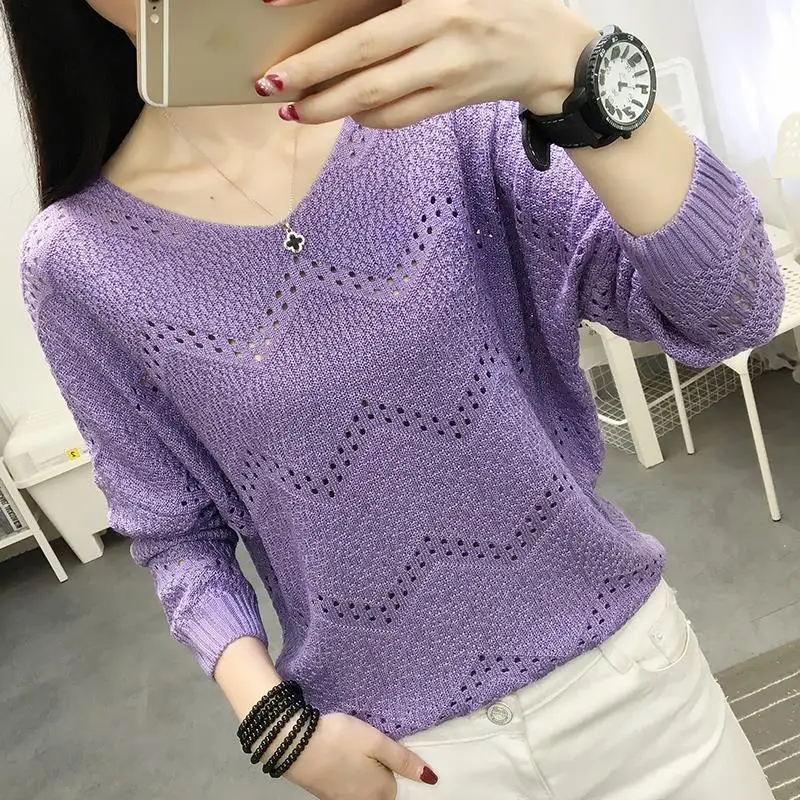 2023 Spring Autumn Fashion Hollow Out Jumpers Female Clothing Casual V-Neck All-match Solid Color Korean Loose Knitted Sweaters