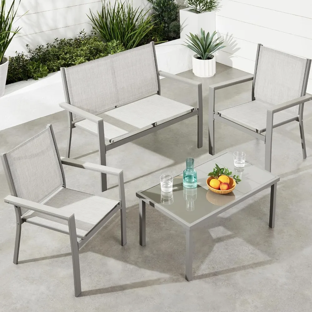 

4-Piece Outdoor Textilene Patio Conversation Set, Backyard Furniture w/Loveseat, Coffee Table, Steel Frame - Gray/Gray