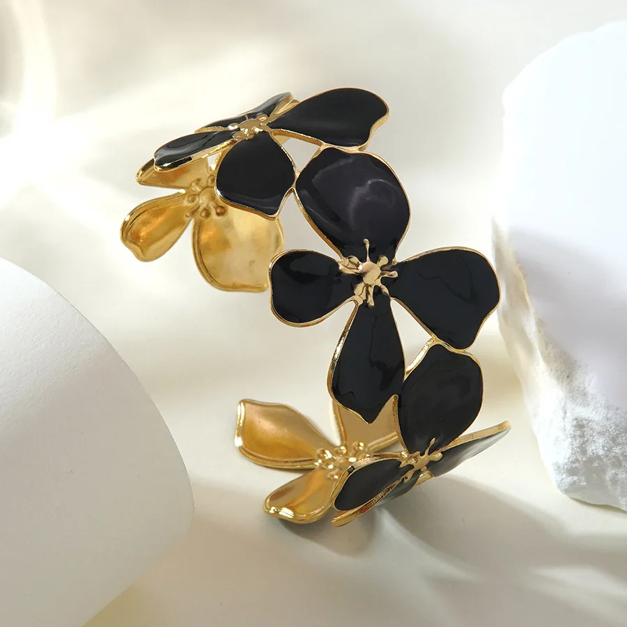 French Trendy Inspired Floral Stainless Steel Bracelet Hand-Dripped Oil Paint Gold Plated Women Fashion Jewelry