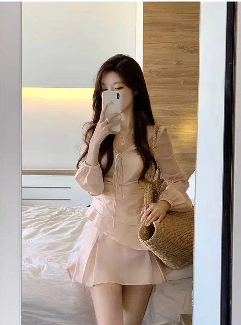 

French V Neck Solid Color Summer Chiffon Long Sleeve Blouse + Skirt Two-Piece Set Sleeve Elegant Female Dresses Office Holiday