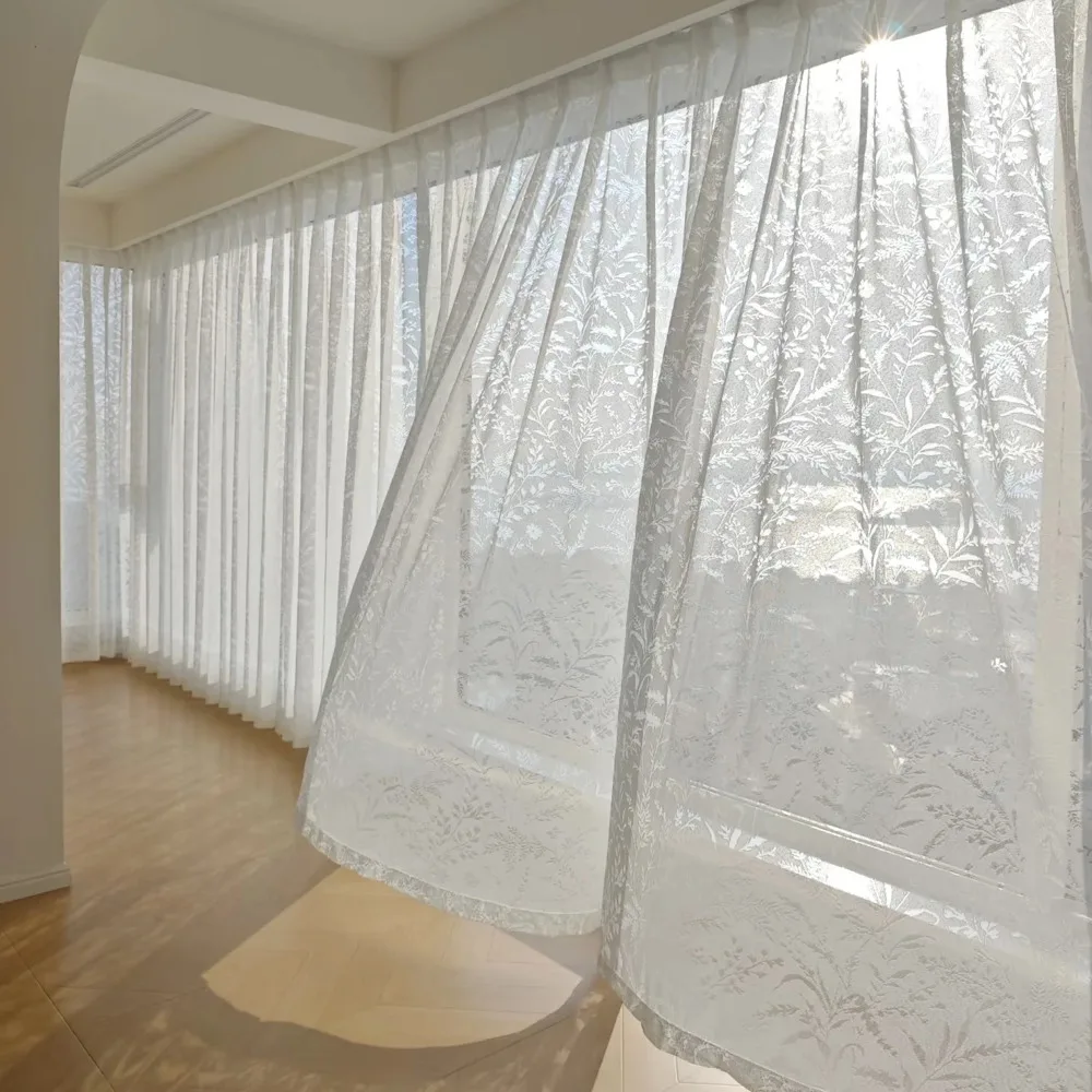 Cutout Leaf Semi Sheer Curtains, Jacquard Design Light Filtering Drape for Living Room, Bedroom French Elegant Home Decoration