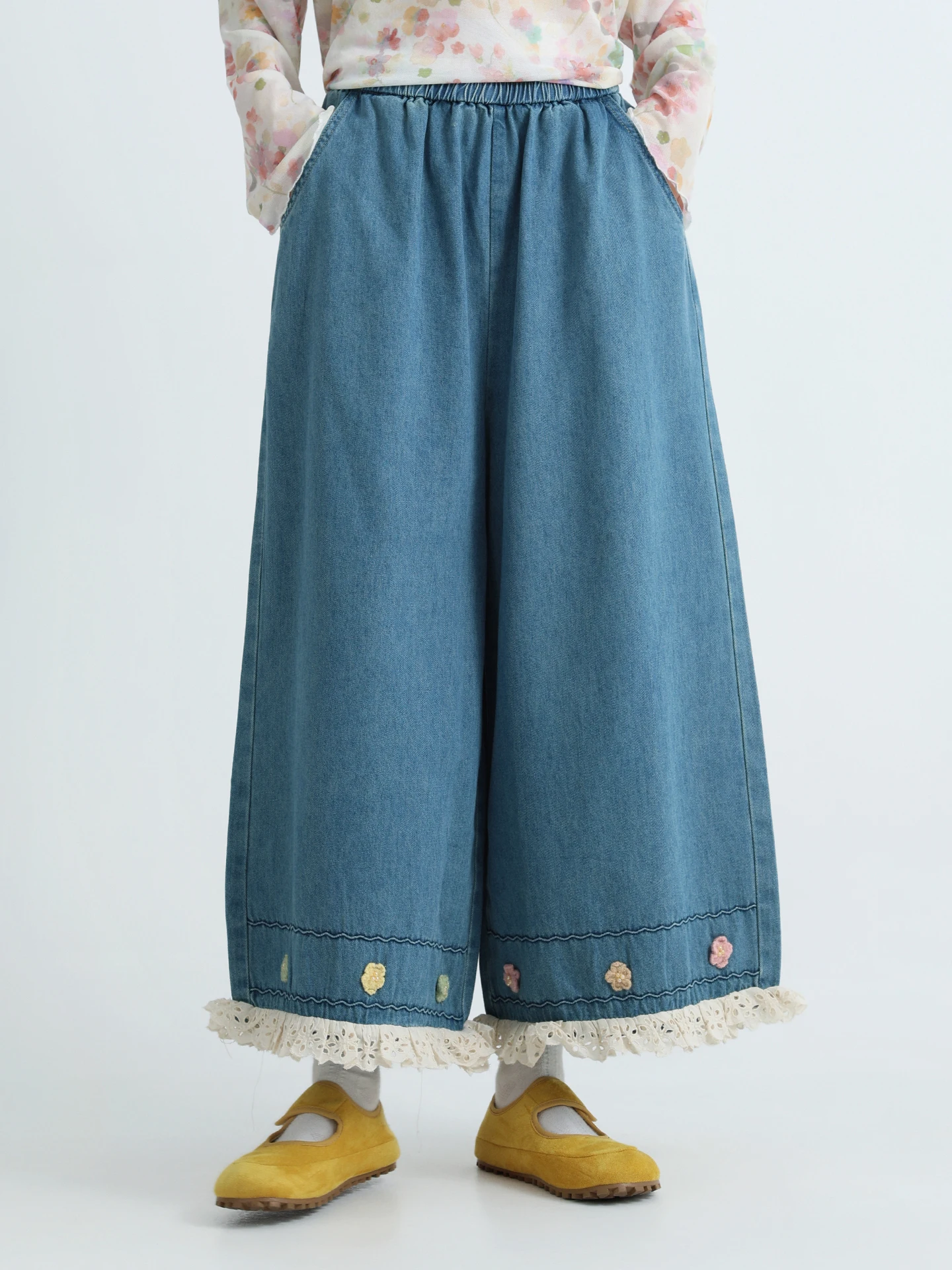 

Bouren Lace Trim Splicing Denim Pants High Waist Women's Fashion 3D Flower Decoration Cotton Plant Floral Pattern Ladies Loos...