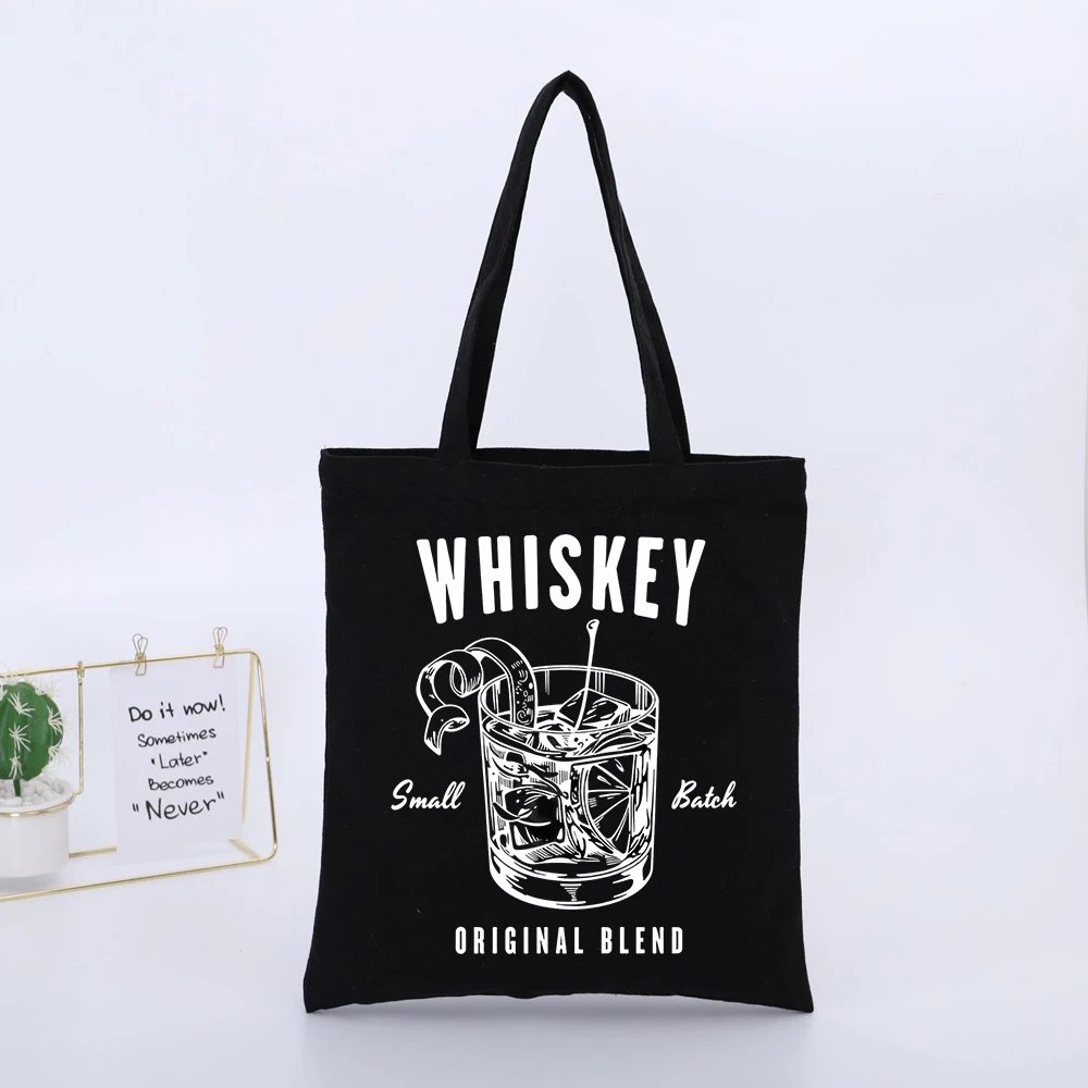 Whiskey Glass and Typography Print Canvas Tote Bag, Casual Style for Daily Shopping and Weekend Outings