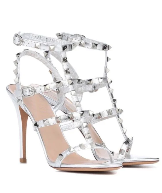 Rockstud Colorful Leather Sandals Women Caged Ankle Strap High Heels Summer New in Stilettos Luxury Designer Party Comfy Shoes