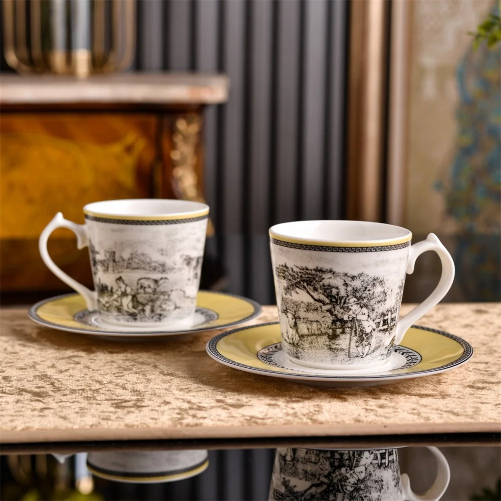 Vintage Farm Scenery Porcelain Coffee Cup and Saucer Set 200ml Tea Mug with Gift Box for Afternoon Tea Wedding Housewarming Gift