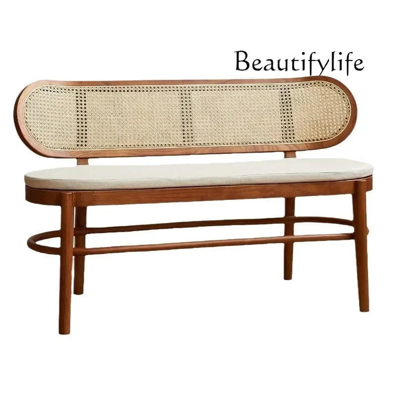 X36 Reclining Solid Wood Rattan Bench Vintage Bedside Bench Bedroom Log Bench Dining Chair Sofa