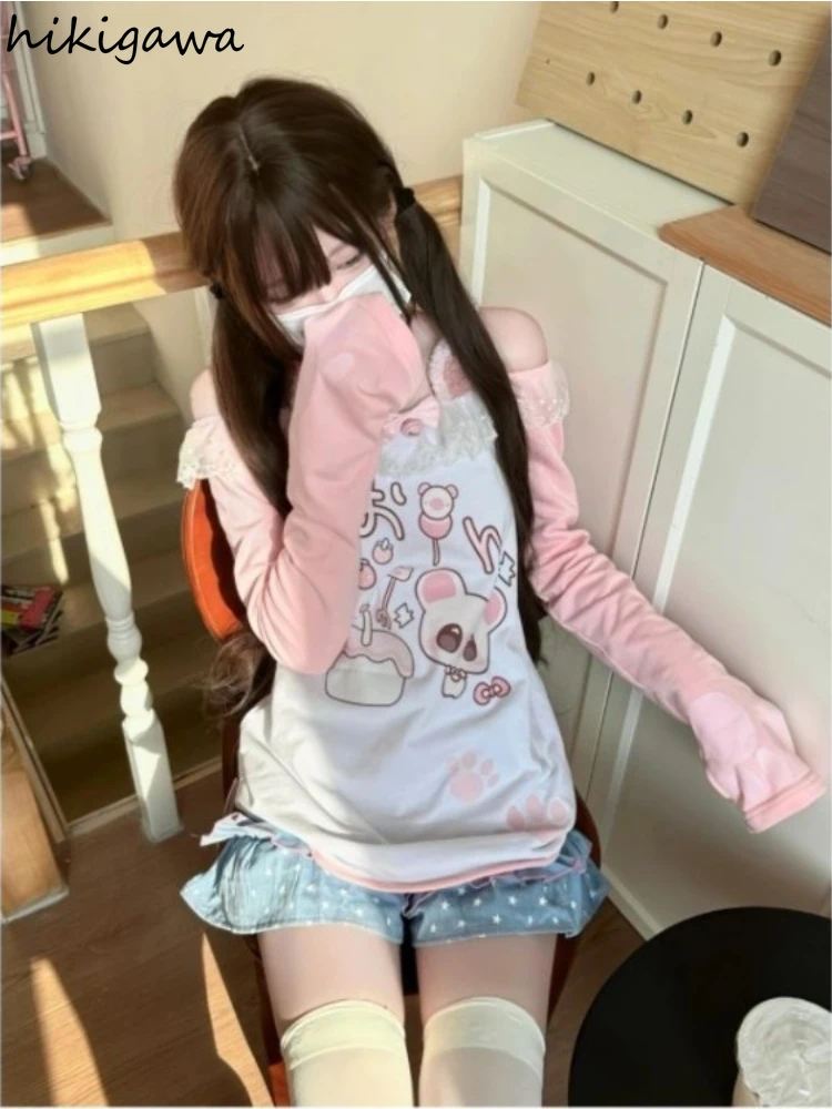 Sweet Japanese Sweatshirts Women\'s Clothing Patchwork Lace Slash Neck Hoodie Ropa Mujer Anime Print Off Shoulder Cute Y2k Tops