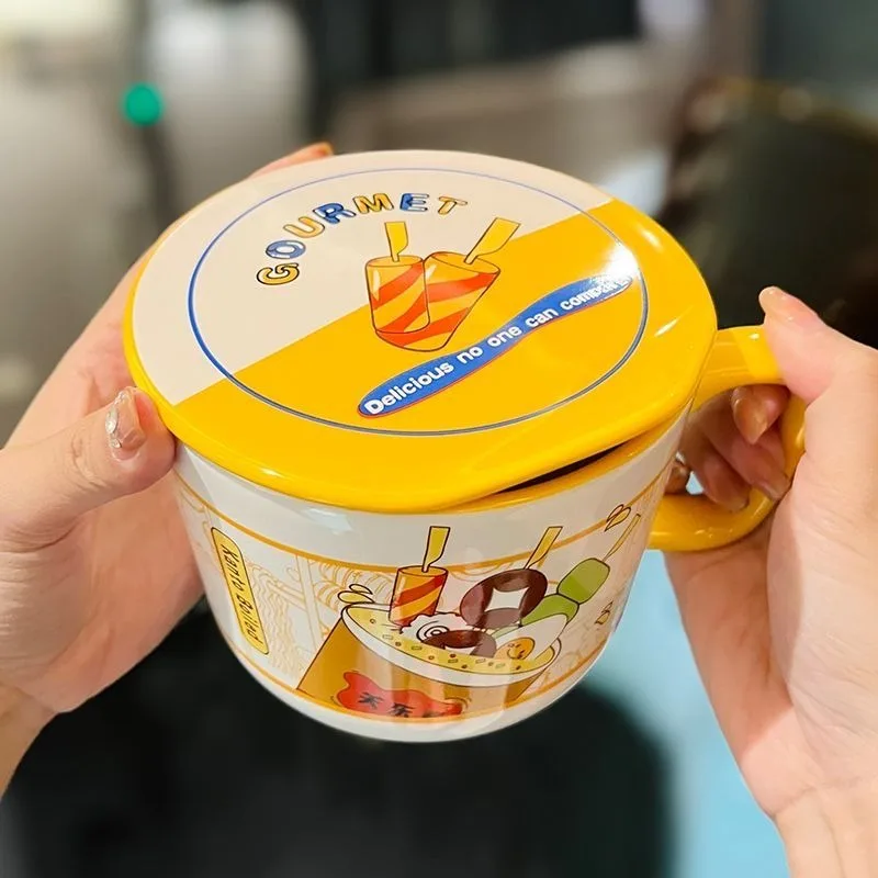 Ins Style Creative Instant Noodle Ceramic Cup Bowl with Cover Bento Box Student Lunch Box Instant Noodle Bowl Soup Bowl Set