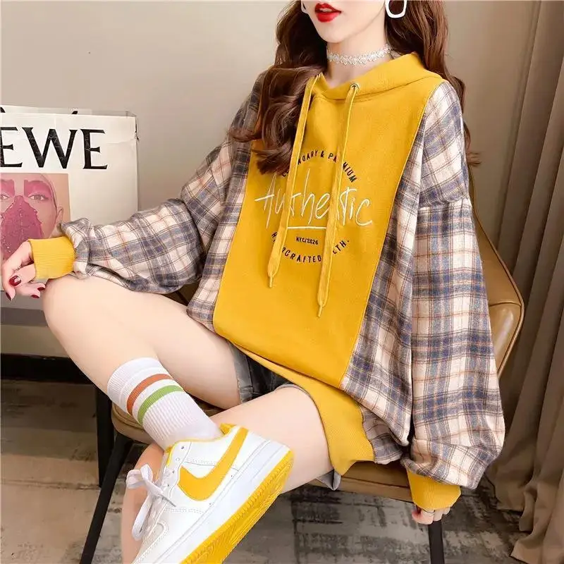 Printing Patchwork Streetwear Fashion Loose Casual Autumn Winter Thin Long Sleeve Hooded Sweatshirts Pullovers Women Clothing