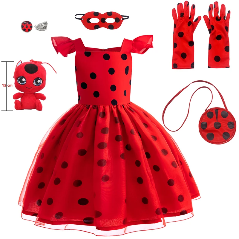 Christmas Child Bug Costume for Girls-Red Dress Halloween Mask Bag Easter Marinette Cosplay Costumes Party Little Beetle Suits