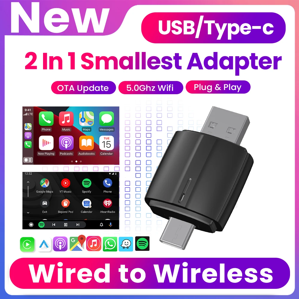 Android Auto Wireless Carplay USB Bluetooth Wifi Plug and Play Type-c New 2In1 Dongle For Audi Benz Volvo VW Toyota Skoda Seat