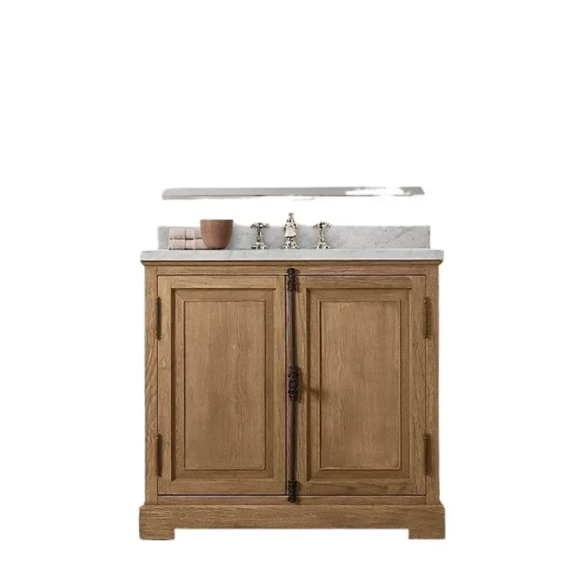 

American light luxury bathroom cabinet, old wood color, bathroom cabinet, French retro British washbasin, solid wood