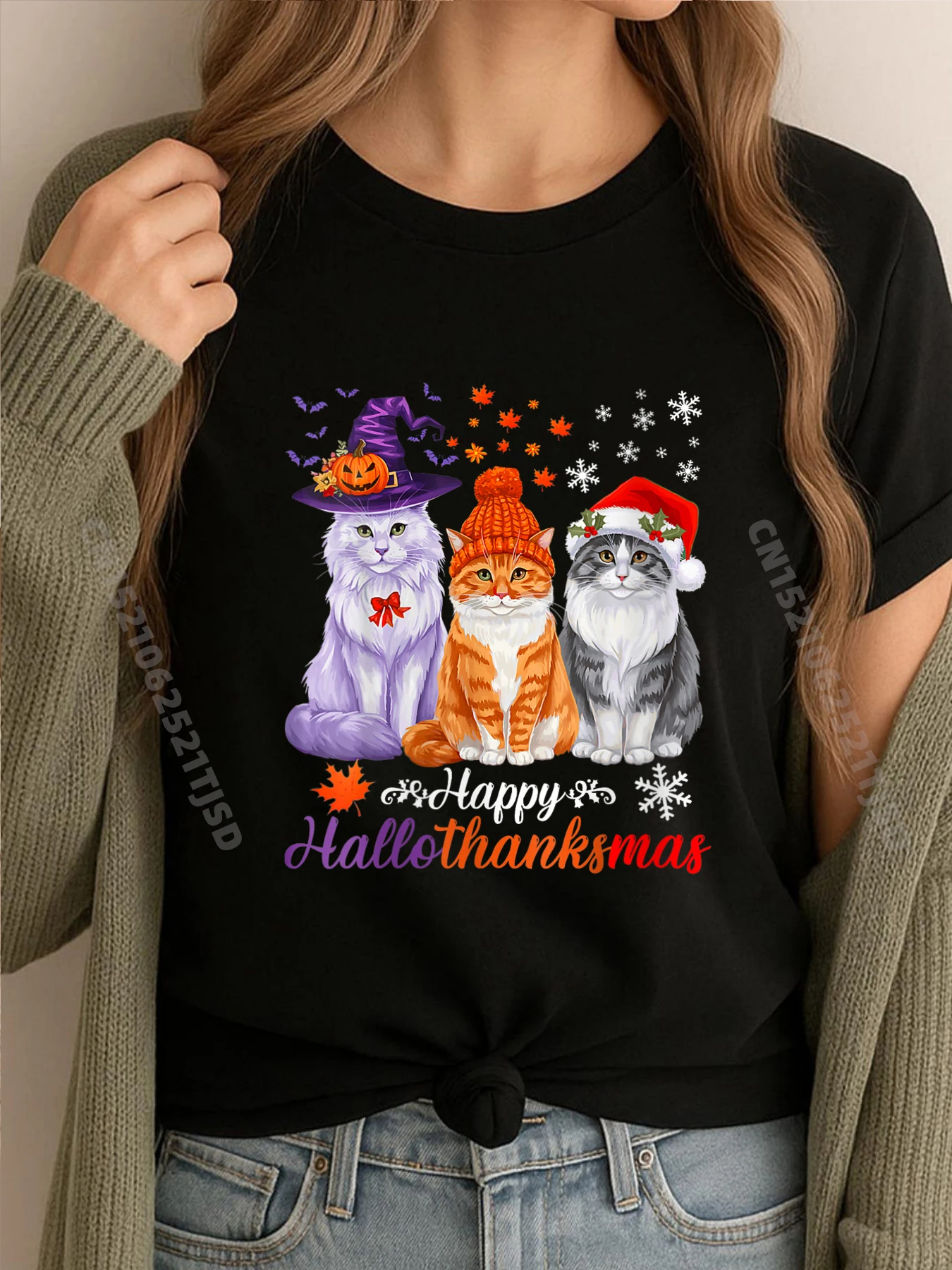 

Womens Happy Hallothanksmas Cats Halloween Thanksgiving Christmas Blank T Shirt 100℅ Cotton Man Clothes Korean