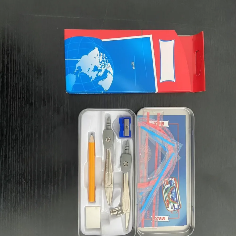 Math Geometry Compass Set Metal Drafting Stationery Kit Tin Box For Students School Supplies Drawing Technical Tools