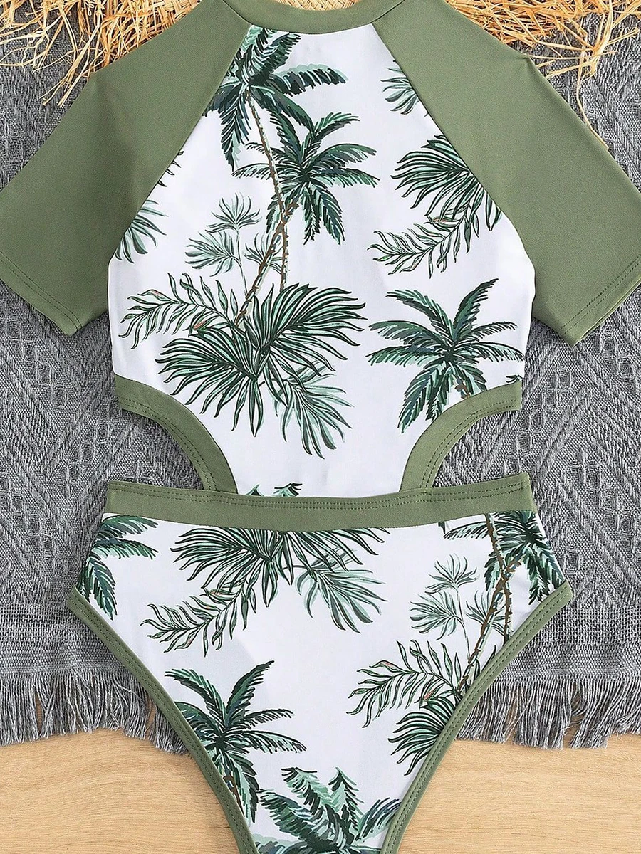 2026 Print Hollow Girls Swimsuit One Piece Green Kids Swimwear Female Children\'s Bathers Bathing Swimming Swim Suit Beachwear