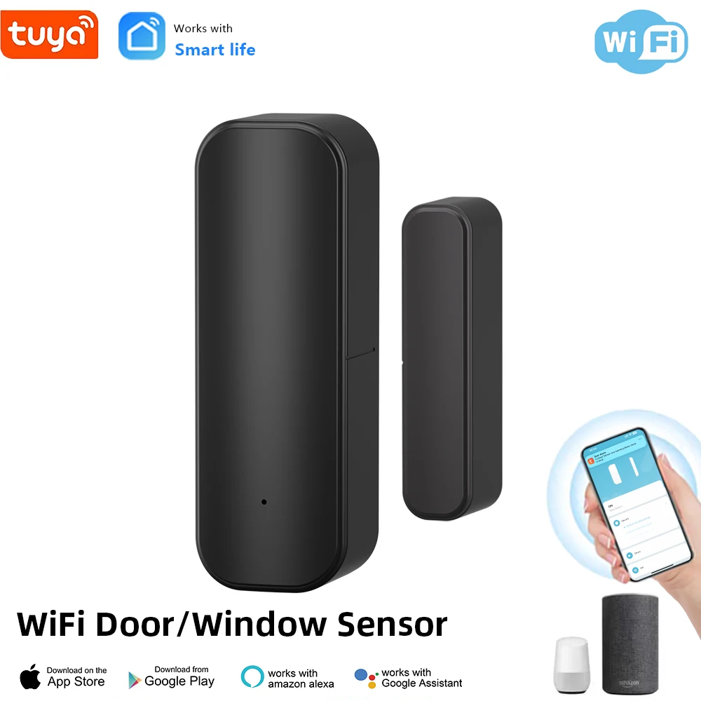 WiFi Door Open Closed Detectors Tuya Window Sensor with App Notification Alert Contact Sensor for Home Security with Black Color