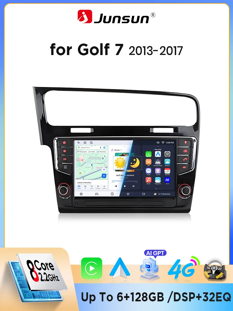 Junsun 9" Android-Autoradio für Volkswagen VW Golf 7 2013-2017 mit integriertem Canbus, kabellosem CarPlay & Android Auto, GPS-Navigation, DSP, FM-Radio, RDS, WiFi, Bluetooth, Freisprecheinrichtung,