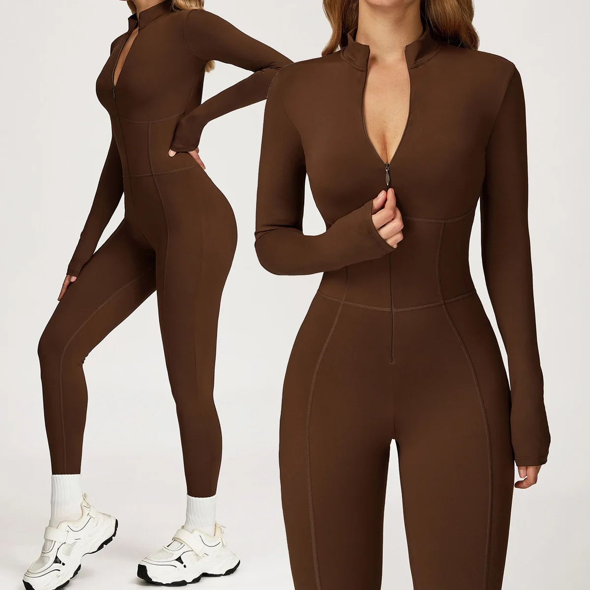 Tuta da donna Tute in pile caldo e sottile Tuta sportiva invernale in un unico pezzo Tuta fitness nera Tuta da allenamento a maniche lunghe