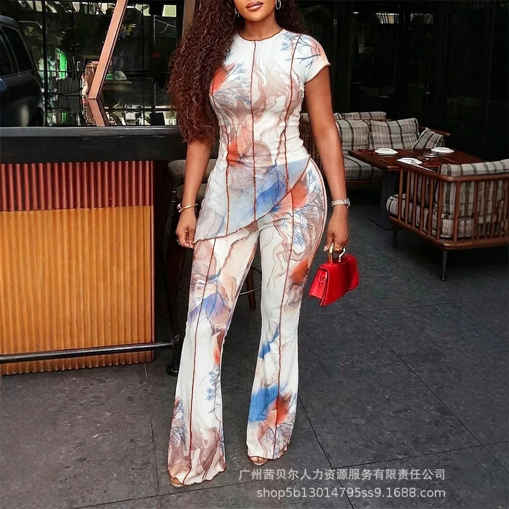 Pant Set Women Two Piece Sets Short Sleeve Round Neck Shirt Print Bootcut Long Pants Slim Fit Mesh Work Y2k Streetwear Summer