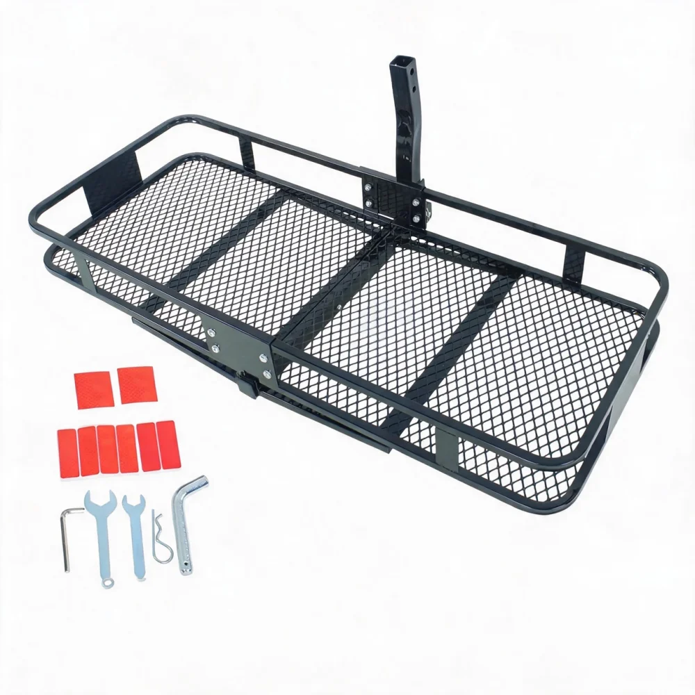 Black Steel Folding Rear Luggage Rack Basket Cargo Carrier with Reflectors 500 LBS 2" Receiver Replacement for Truck SUV Car RV