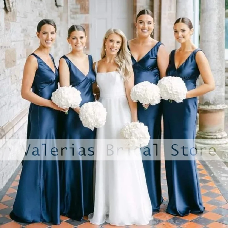 

Elegant Dark Blue Bridesmaid Dress Satin V-Neck A-line Wedding Party Dresses Long Wedding Guest Gowns Robes Invitée Mariage