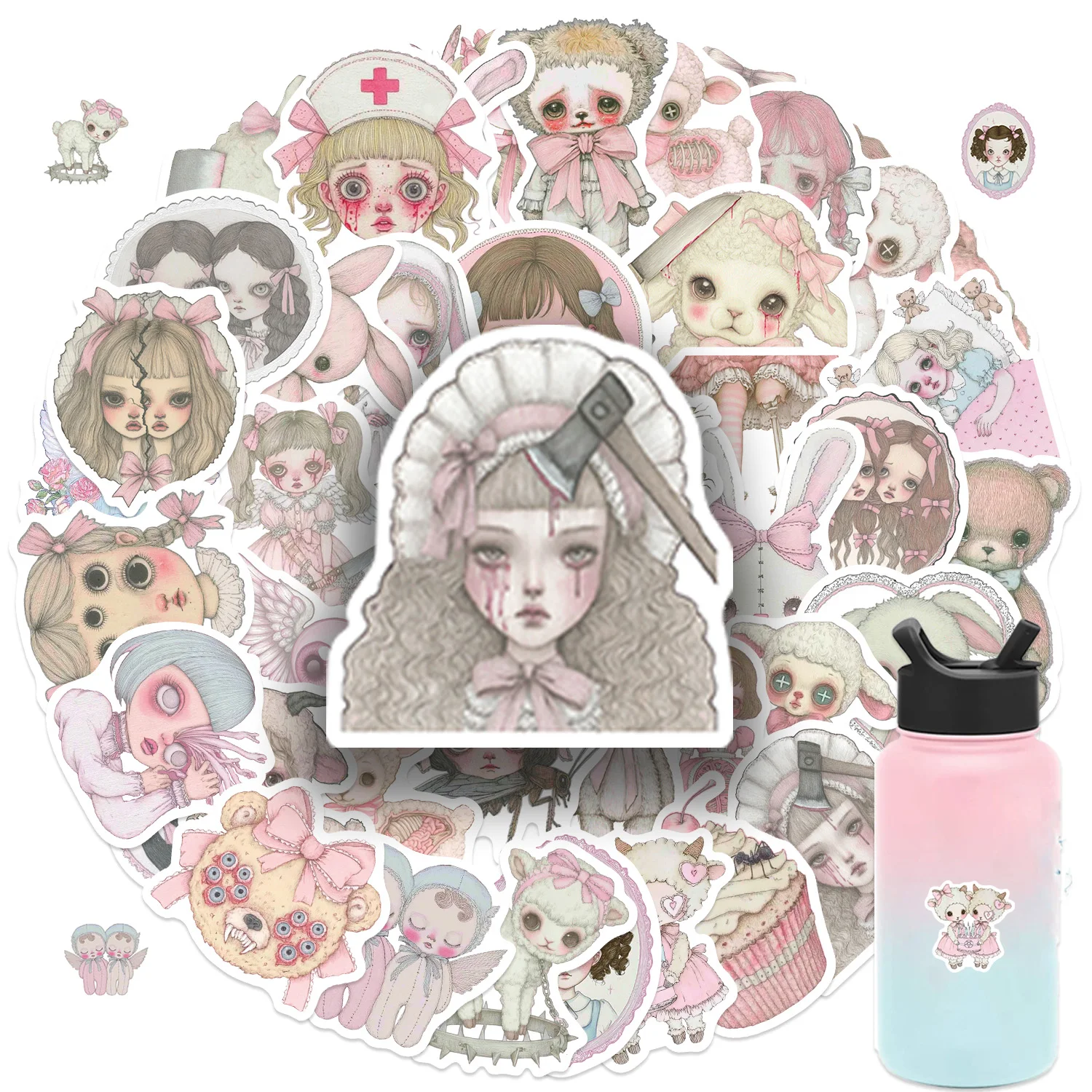 50 Stück rosa gruselige Mädchen-Aufkleber, Horror-Cartoon, DIY-Aufkleber für Notebooks, Wasserflaschen, Gepäck, Vinyl-Aufkleber-Set