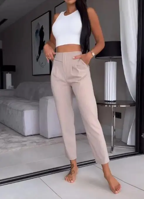 

Women's Pants Set Summer New Casual Fashion Workwear Style Solid Color Sleeveless Vest High Waist Slim Pencil Pants Set