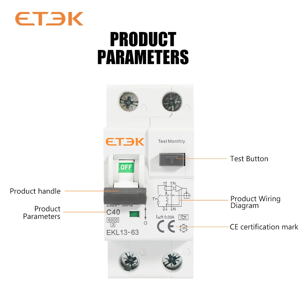 ETEK RCBO Type A 1P+N Residual Automatic Circuit Breaker With Over Current Leakage Protection 6KA 2P DPN 30mA EKL13