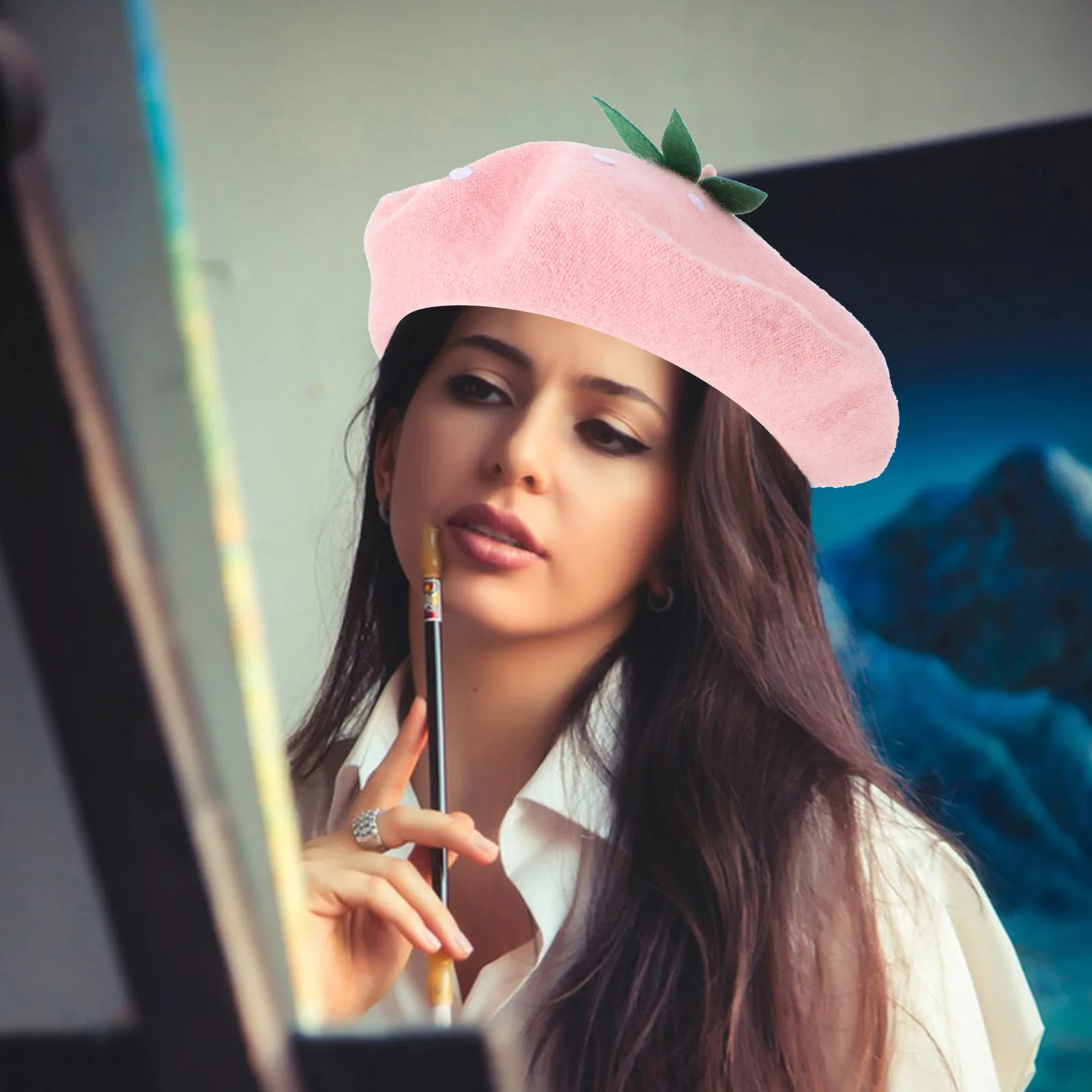 

1pcs Strawberry Beret Hat Cute Woolen Artist Cap For Women Girls Pink French Beret Winter Warm Faux Bucket Hat Travel Party
