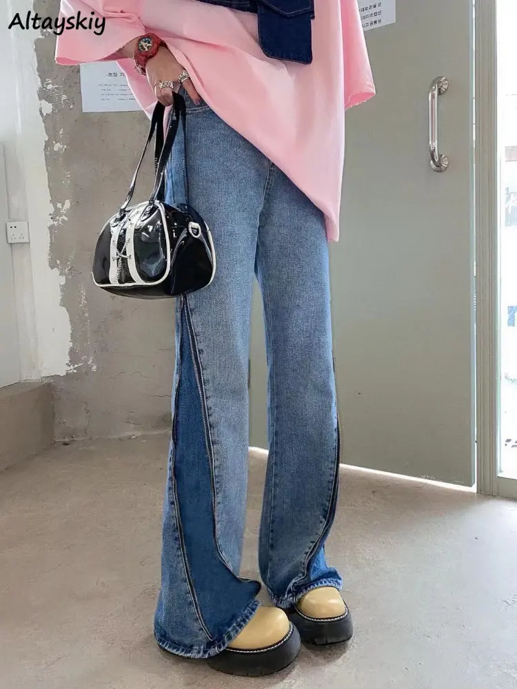 Flare Jeans Women Zipper Panelled Streetwear Chic High Waist Vintage Casual All-match Harajuku Fashion Schoolgirls Personality